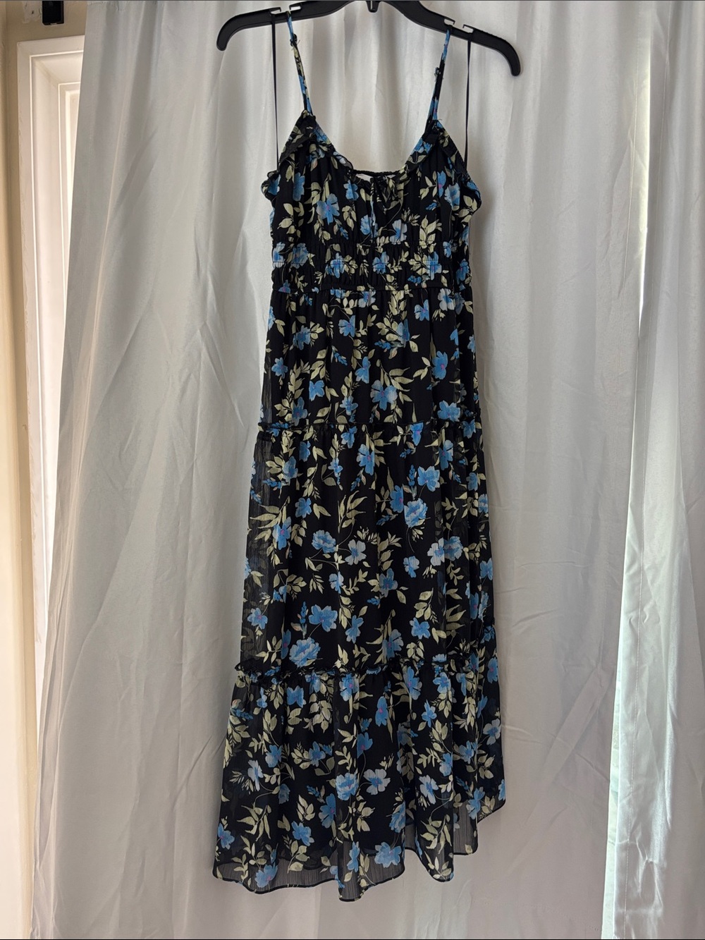 Black Floral Midi Dress with Blue & Cream Flowers